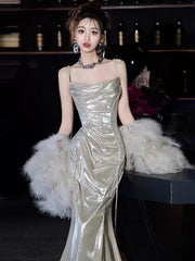 Sexy Women Mermaid Spaghetti Straps Silver Long Prom Gown Party Wear Fashion Dresses N1818