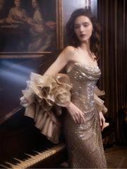 Sexy Evening Dresses Women Mermaid Strapless Champagne Slit Long Prom Gown Party Wear Fashion Dresses N1819
