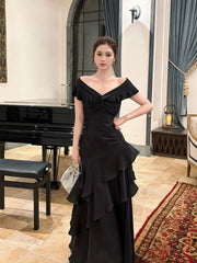 Classy Mermaid Off The Shoulder Black With Short Sleeves Long Formal Gowns Prom Dresses N2056