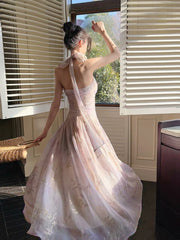 Modest French Style A Line Halter Lilac Chiffon Fashion Women Long Formal Outfits Prom Dresses N2069