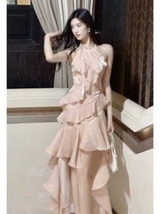 Modest French Style A line Scoop Pink Tiered Layers Fashion Women Long Formal Outfits Prom Dresses N2098