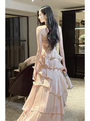 Modest French Style A line Scoop Pink Tiered Layers Fashion Women Long Formal Outfits Prom Dresses N2098