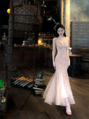 Modest French Style Mermaid Spaghetti Straps Pink Sequin Fashion Women Long Formal Outfits Prom Dresses N2101