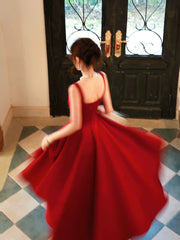 Simple A Line Square Neck Red Satin Summer Formal For Women Girls Teens Prom Dresses N2211