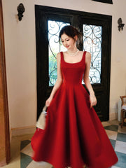 Simple A Line Square Neck Red Satin Summer Formal For Women Girls Teens Prom Dresses N2211