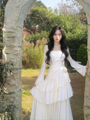 Classy Mermaid Square Neck White With Long Sleeves For Women Girls Teens Prom Dresses N2187