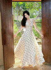 Beautiful A Line Halter Black Polka Dots Summer Formal Long For Women Girls Teens Prom Dresses N2203