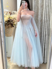 Sexy Prom Dresses A Line Off The Shoulder Light Sky Blue Tulle With Pleated Long Formal Dress N3161