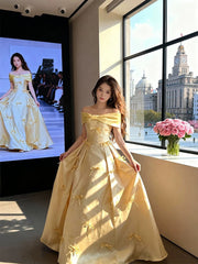 Simple Prom Dresses A Line Off The Shoulder Yellow Satin With Bow Long Formal Dress N3172
