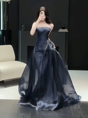 Charming Prom Dresses Mermaid Strapless Navy Blue Organza Long Formal Evening Dress N3914