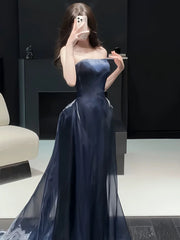 Charming Prom Dresses Mermaid Strapless Navy Blue Organza Long Formal Evening Dress N3914