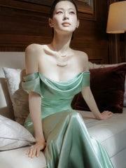 Charming Prom Dresses Mermaid Off The Shoulder Mint Green Satin Long Formal Evening Dress N3915