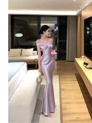 Simple Prom Dresses Mermaid Off The Shoulder Lilac Satin Evening Gown Formal Dress N4018