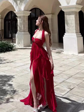 Classy Prom Dresses A Line Halter Slit Chiffon Burgundy Evening Gown Long Formal Dress N4032