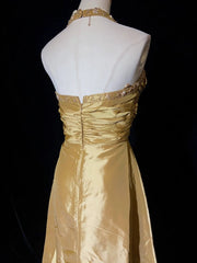 Beautiful Prom Dresses Inspo A Line Halter Gold Satin With Beaded Long Women Formal Dress N3196
