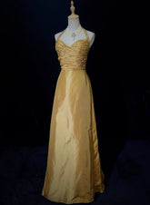 Beautiful Prom Dresses Inspo A Line Halter Gold Satin With Beaded Long Women Formal Dress N3196