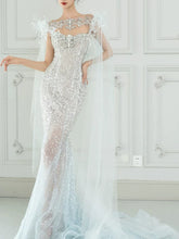 Luxurious Mermaid Scoop Evening Dress Sequins Prom Dress With Cape Long Party Dresses 19th Birthday Outfits AB2326