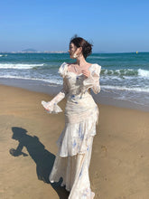 Elegant Mermaid Square Neck Floral Chiffon Blue Long Sleeves Prom Dresses 16th Nigh Party Birthday Outfits AB2466