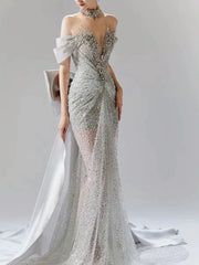 Vintage Silver Gray Mermaid Evening Dress Off The Shoulder Beaded Prom Dress Long Party Dress Birthday Outfits AB2314
