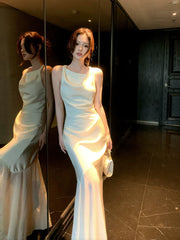 Elegant Mermaid Cowl Neck Satin Ankle Length Satin Prom Dresses Long 16th Nigh Party Birthday Outfits AB2414