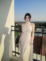 Elegant Mermaid Halter Pink Chiffon With Pleated Sleeveless Long Prom Dresses 16th Nigh Party Birthday Outfits AB2438
