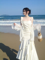 Elegant Mermaid Square Neck White Chiffon Ankle Length Prom Dresses 16th Nigh Party Birthday Outfits AB2416