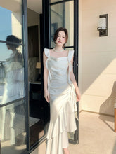 Elegant Mermaid Square Neck White Silky Satin Ankle Length Prom Dresses 16th Nigh Party Birthday Outfits AB2423