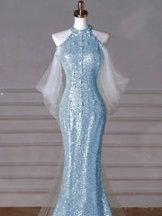 Modest Mermaid High Neck Blue Sequins Prom Dresses Inspiration Long Party Night Evening Dress 19th Birthday Outfits AB2273