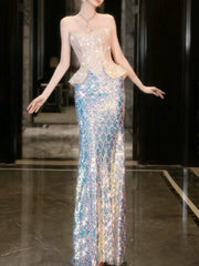 Modest Mermaid Strapless Sequins Champagne Prom Dresses Inspiration Long Party Evening Dress 21st Birthday Outfits AB2291