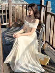Elegant A Line Spaghetti Straps Champagne Chiffon Sleeveless Long Prom Dresses 18th Birthday Outfits AB2409