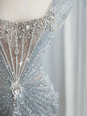 Modest Mermaid Square Neck Sequins With Beaded Silver Gray Prom Dresses Inspiration Long Party Evening Dress 19th Birthday Outfits AB2276