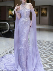 Sparkly Mermaid Halter Lilac Sequins Prom Dresses Inspiration Long Party Night Gowns 20th Birthday Outfits AB2295