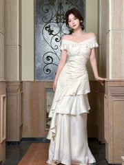 Elegant Mermaid Off The Shoulder White Long Prom Dresses 16th Nigh Party Birthday Outfits AB2504