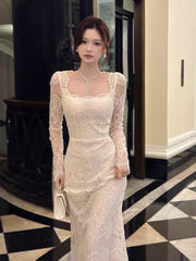 Sexy Mermaid Square Neck Lace White Long Sleeves Ankle Length Prom Dresses Wedding Guest Dress 22th Birthday Outfits AB2491