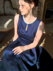 Elegant A line Jewel Neck Navy Blue Satin With Beaded Sleeveless Prom Dresses 16th Nigh Party Birthday Outfits AB2442