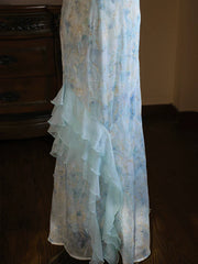 Vintage 1960s A line Spaghetti Straps Light Blue Chiffon Prom Dresses Inspiration Long Party Evening Dress 18th Birthday Outfits AB2386