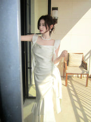 Elegant Mermaid Square Neck White Silky Satin Ankle Length Prom Dresses 16th Nigh Party Birthday Outfits AB2423