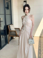 Elegant Mermaid Halter Pink Chiffon With Pleated Sleeveless Long Prom Dresses 16th Nigh Party Birthday Outfits AB2438