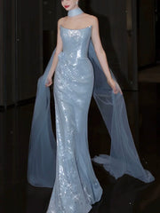 Modest Mermaid Strapless Sequins Blue With Scarf Prom Dresses Inspiration Long Party Evening Dress 21st Birthday Outfits AB2290
