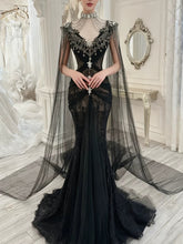 Modest Prom Dresses Aesthetic Mermaid V Neck Black Tulle Inspiration With Long Sleeves Cape Long Party Formal Gown AB2337