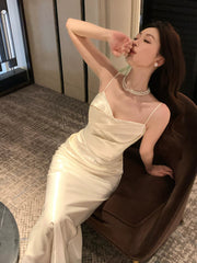 Elegant Mermaid Spaghetti Straps Ivory Satin Ankle Length Prom Dresses 17th Nigh Party Birthday Outfits AB2457