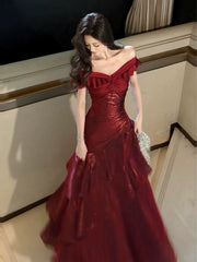 Elegant Mermaid Off The Shoulder Burgundy Long Prom Dresses 16th Nigh Party Birthday Outfits AB2460