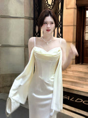 Sexy Mermaid Spaghetti Straps White Satin Ankle Length Prom Dresses Wedding Guest Dress 20th Birthday Outfits AB2477
