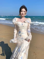 Elegant Mermaid Square Neck Floral Chiffon Blue Long Sleeves Prom Dresses 16th Nigh Party Birthday Outfits AB2466