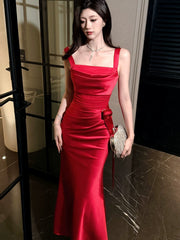 Elegant Sheath Square Neck Satin Red Ankle Length Prom Dresses 17th Nigh Party Birthday Outfits AB2454