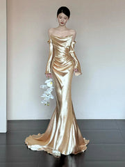 Unique Mermaid Off The Shoulder Gold Long Sleeves Prom Dresses Inspiration Party Night Gowns 20th Birthday Outfits AB2254
