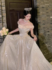 Princess Ball Gown Off The Shoulder Champagne Prom Dresses Inspiration Long Party Night Gowns 18th Birthday Outfits AB2231