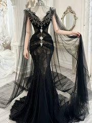 Modest Prom Dresses Aesthetic Mermaid V Neck Black Tulle Inspiration With Long Sleeves Cape Long Party Formal Gown AB2337