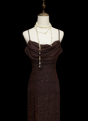 Chic Formal A Line Spaghetti Strap Brown Sequin Style Impress Long Prom Dresses Party Gowns OB031