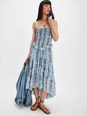 Simonah Floral Printed Tiered Midi Dress - blue